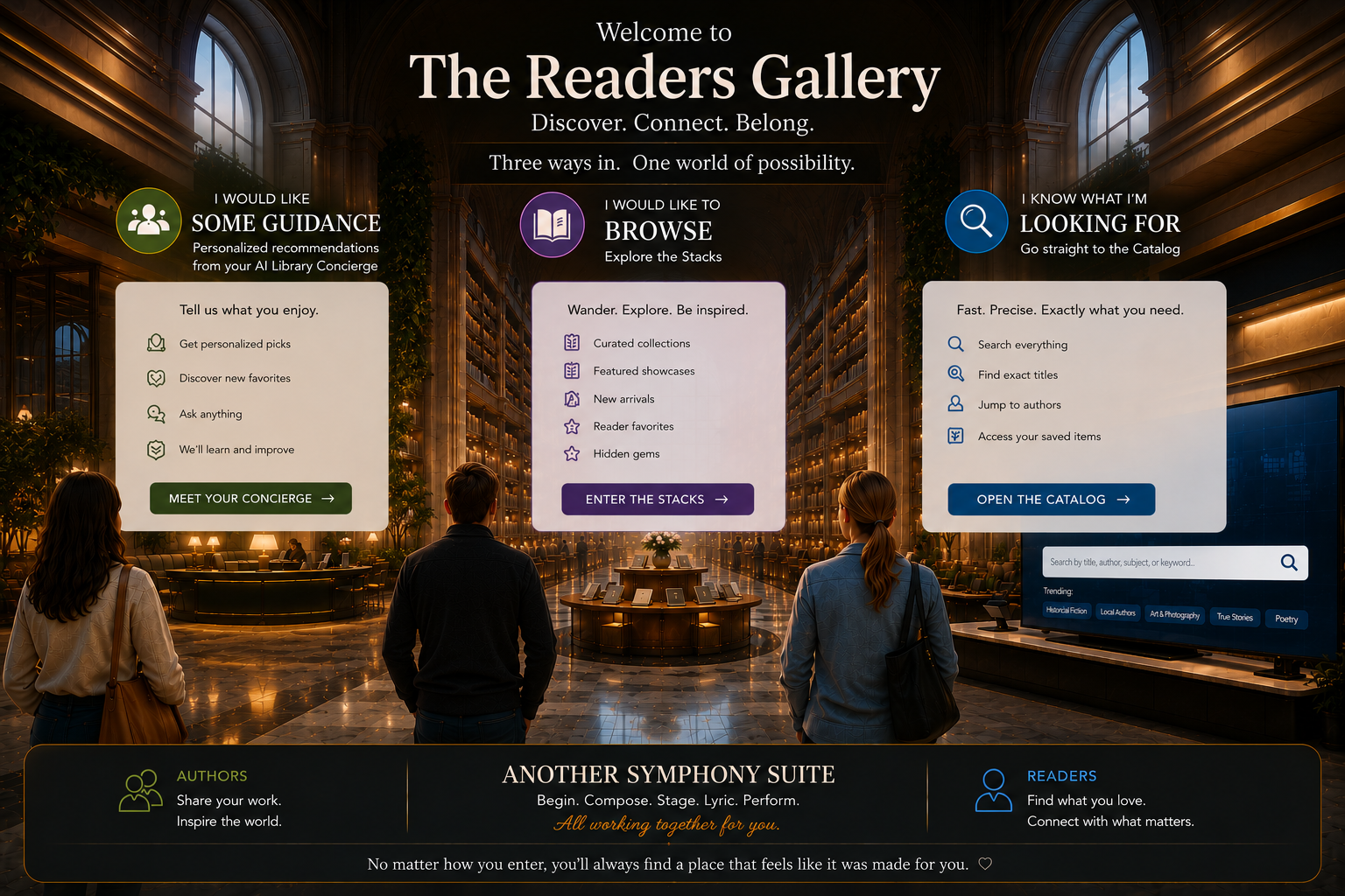 Welcome to The Readers Gallery. Three visitors enter the library and choose guidance, browsing, or catalog search.